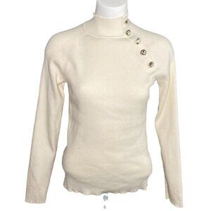 Anne Klein Sweater Top Women's MEDIUM Ivory White Mock-Neck Buttons Soft EUC‎